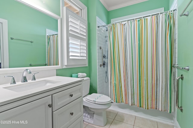 505 Caswell Beach Rd, Caswell Beach, NC 28465 - full bathroom featuring tile patterned flooring, shower / tub combo, vanity, toilet, and ornamental molding
