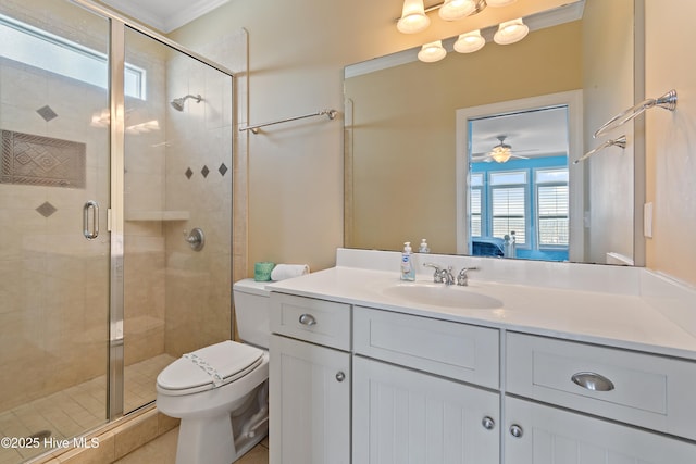 505 Caswell Beach Rd, Caswell Beach, NC 28465 - ensuite bathroom with vanity, ornamental molding, a stall shower, and toilet
