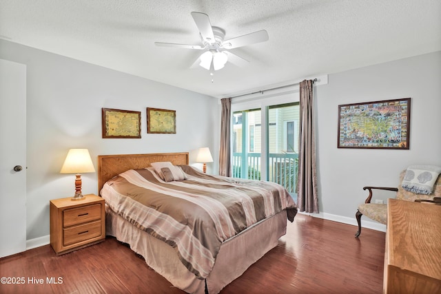 bedroom featuring access to outside, dark wood-style flooring, baseboards, a textured ceiling, and a ceiling fan