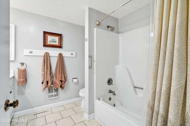 bathroom featuring toilet, baseboards, shower / bath combination with curtain, tile patterned flooring, and vanity