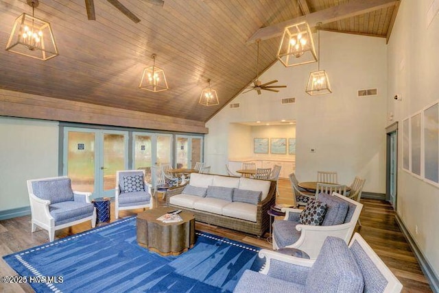 living room featuring a ceiling fan, wood ceiling, high vaulted ceiling, wood finished floors, and baseboards