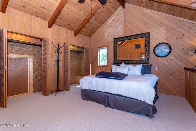 105 Tucker Ct, West End, NC 27376 - bedroom with wooden walls, wood ceiling, and carpet flooring
