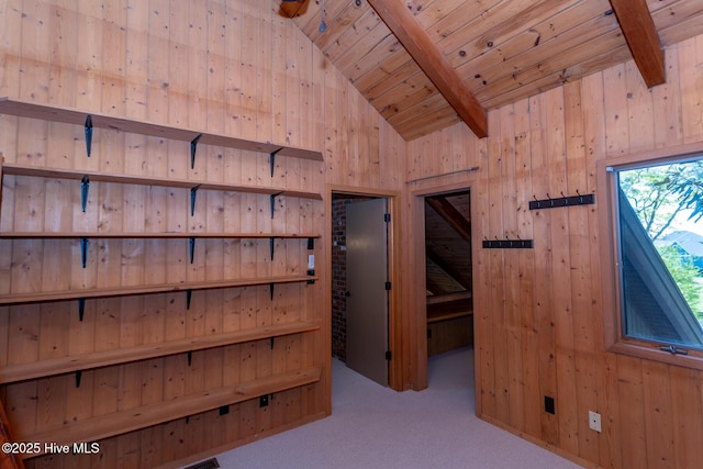 105 Tucker Ct, West End, NC 27376 - detailed view of wood walls, wood ceiling with exposed beams, and carpet floors
