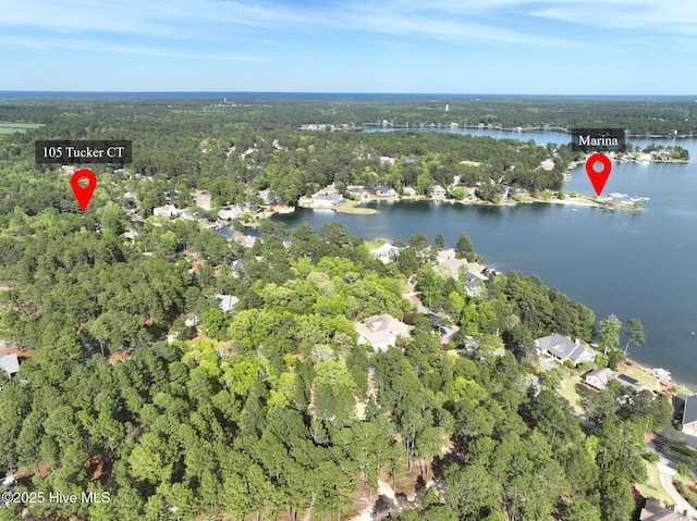 view of property location featuring a forest and a large body of water