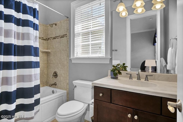 bathroom with vanity, shower / bathtub combination with curtain, and toilet