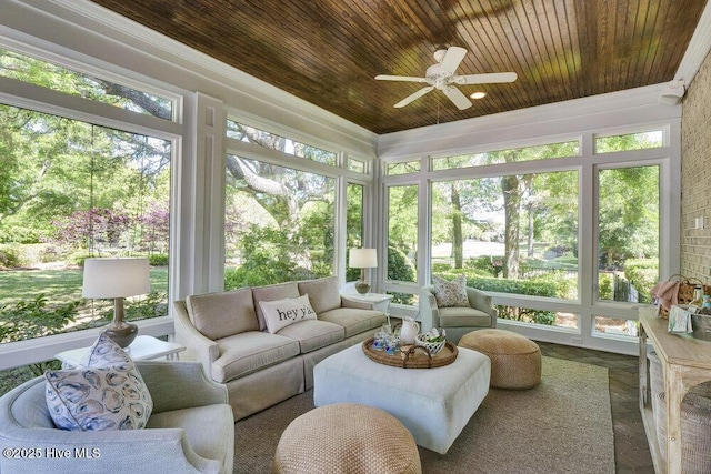 sunroom / solarium with ornamental molding and wood ceiling