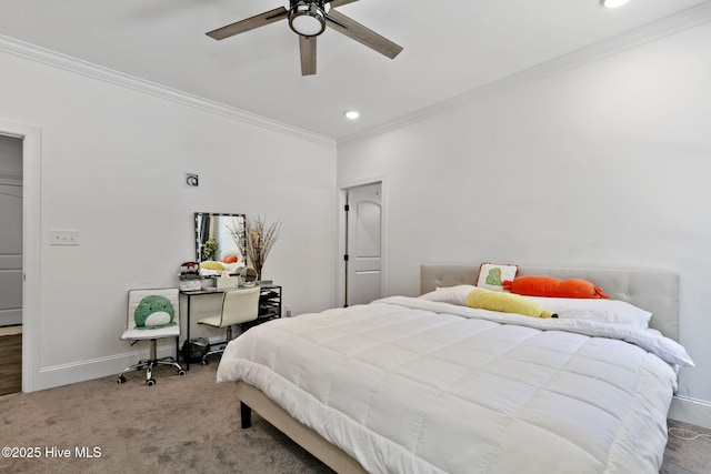 bedroom with a ceiling fan, crown molding, carpet floors, baseboards, and recessed lighting