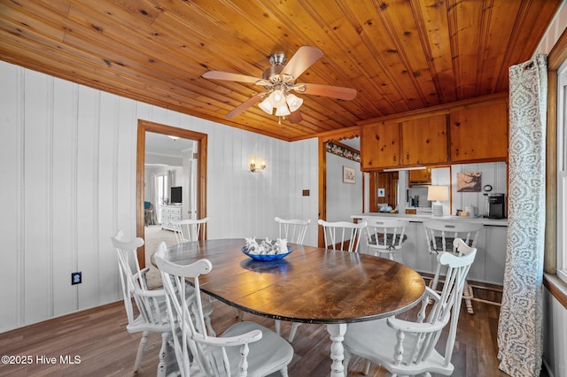 dining space with wood ceiling, a ceiling fan, wood finished floors, and crown molding