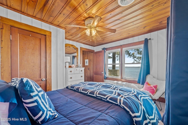 bedroom featuring visible vents, wood walls, wood ceiling, and ceiling fan
