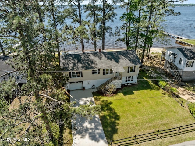 drone / aerial view featuring a water view