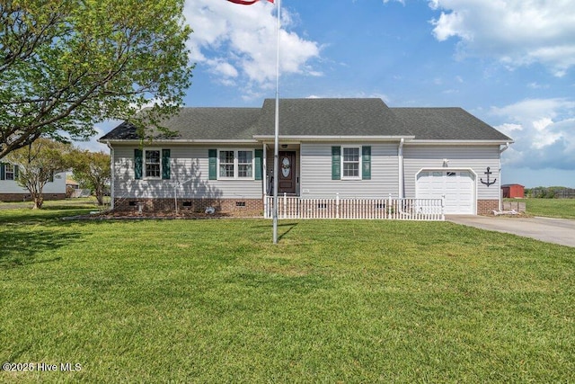 ranch-style house featuring crawl space, concrete driveway, a front lawn, an attached garage, and roof with shingles