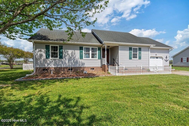 single story home with an attached garage, driveway, a shingled roof, and a front yard