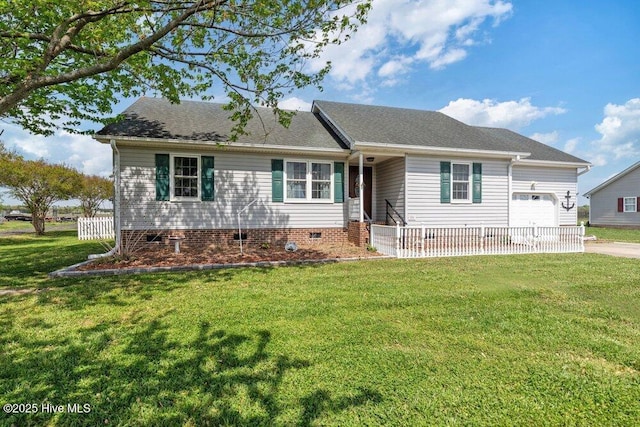 single story home with an attached garage, driveway, roof with shingles, and a front yard