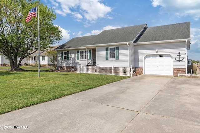 single story home featuring concrete driveway, an attached garage, a shingled roof, and a front lawn
