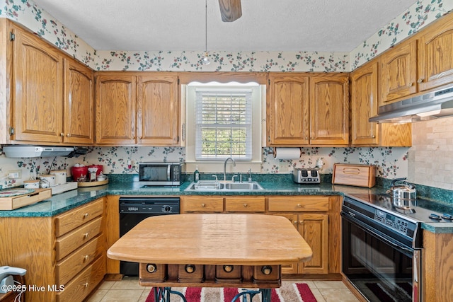 kitchen featuring a sink, stainless steel microwave, dishwasher, under cabinet range hood, and electric stove