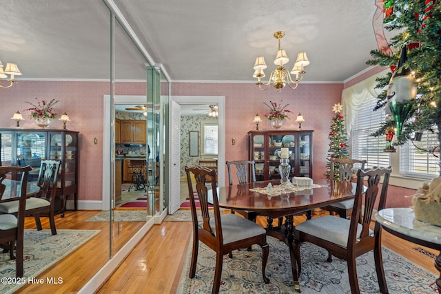dining room with wood finished floors, a textured ceiling, crown molding, and ceiling fan with notable chandelier