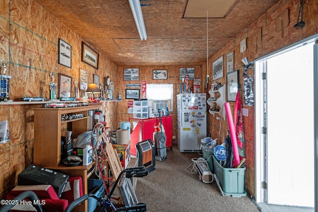 miscellaneous room with attic access and carpet floors