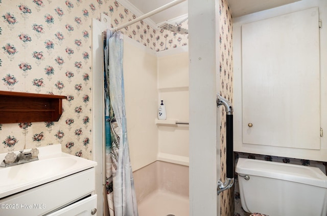 302 N Saratoga St, Stantonsburg, NC 27883 - full bath with toilet, vanity, wallpapered walls, and a stall shower