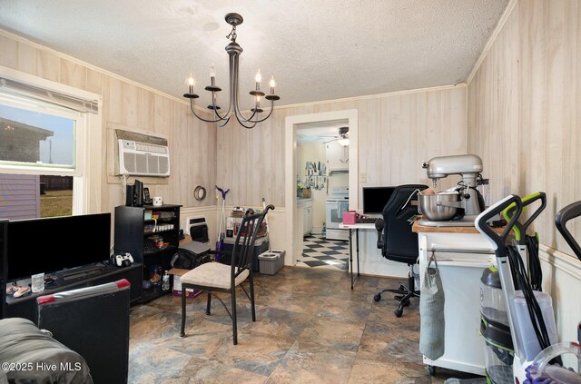 302 N Saratoga St, Stantonsburg, NC 27883 - office featuring a wall mounted air conditioner, a textured ceiling, ceiling fan with notable chandelier, wood walls, and ornamental molding