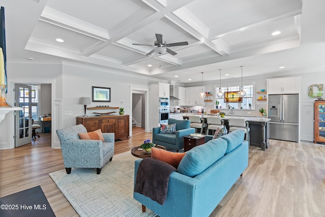 3981 Bay Colony Rd NE, Leland, NC 28451 - living area featuring light wood-type flooring, recessed lighting, coffered ceiling, beam ceiling, and ceiling fan