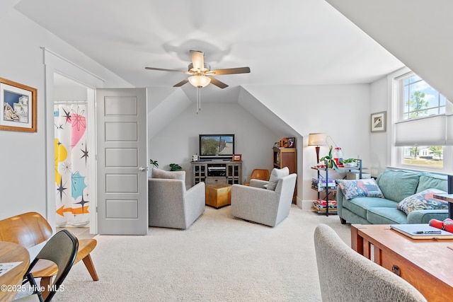 3981 Bay Colony Rd NE, Leland, NC 28451 - living room with carpet floors, a ceiling fan, and lofted ceiling
