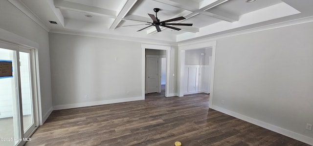 25 Pinewood Dr, Carolina Shores, NC 28467 - spare room with coffered ceiling, ceiling fan, dark wood-style flooring, baseboards, and beamed ceiling