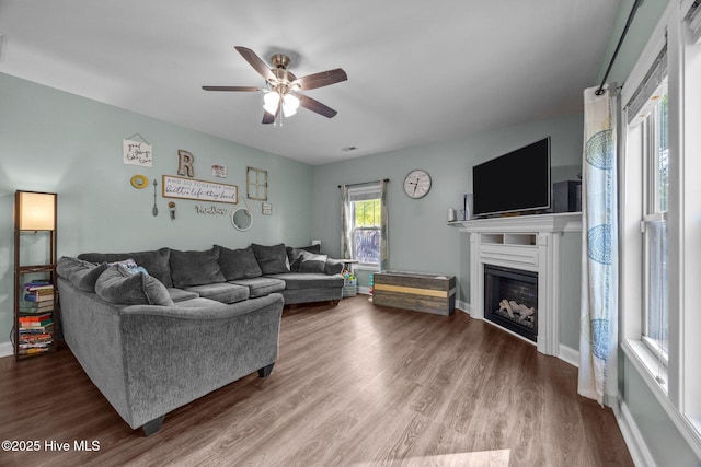 259 Luther Banks Rd, Richlands, NC 28574 - living room featuring a fireplace, wood finished floors, baseboards, and ceiling fan