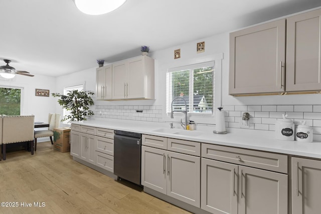 kitchen featuring dishwasher, a sink, tasteful backsplash, and gray cabinets