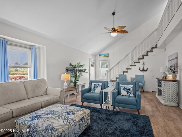 267 Live Oak Rd, Newport, NC 28570 - living area with lofted ceiling, stairway, ceiling fan, and wood finished floors