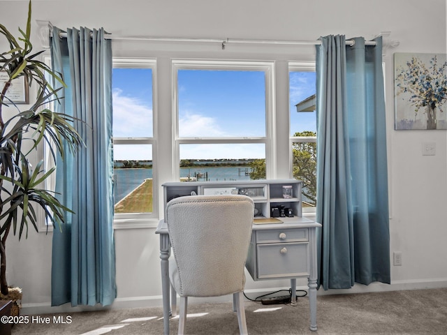 267 Live Oak Rd, Newport, NC 28570 - carpeted home office featuring a water view and baseboards