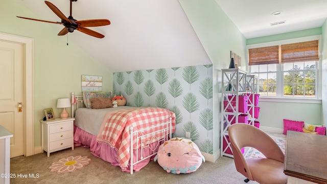 bedroom with lofted ceiling, visible vents, carpet floors, and ceiling fan