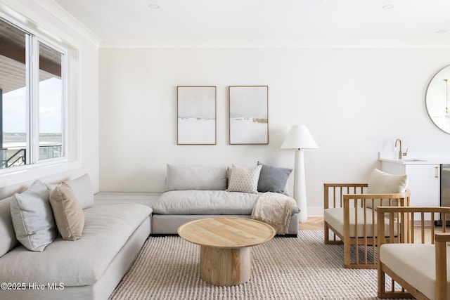 living area with crown molding