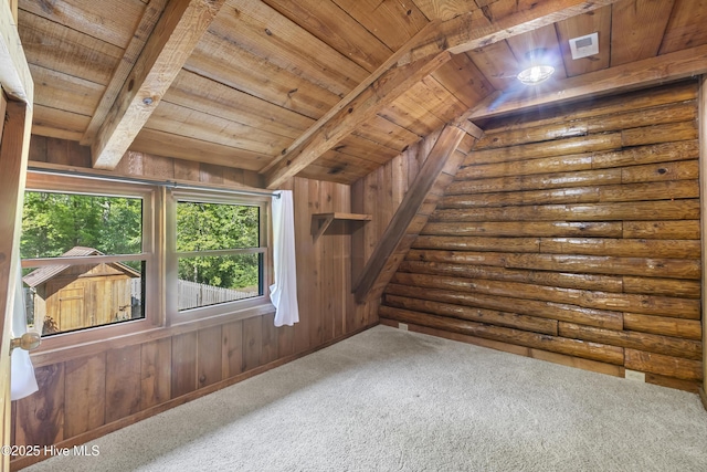 additional living space featuring wooden ceiling, carpet floors, rustic walls, and visible vents
