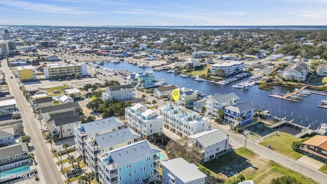 bird's eye view with a water view