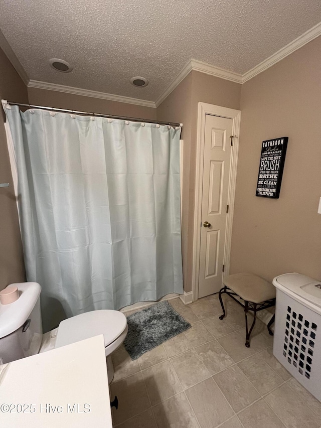 full bathroom with tile patterned flooring, a textured ceiling, ornamental molding, and toilet