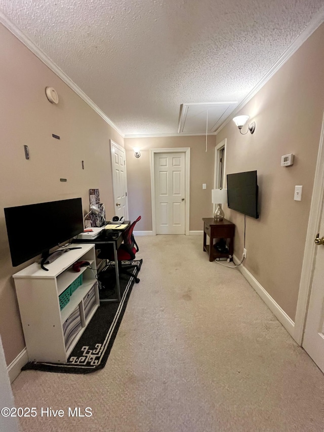 carpeted office space featuring attic access, a textured ceiling, crown molding, and baseboards