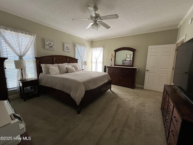 bedroom with light carpet, a ceiling fan, a textured ceiling, and ornamental molding