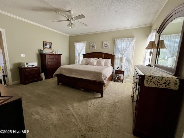 bedroom with multiple windows, a textured ceiling, light colored carpet, and ornamental molding