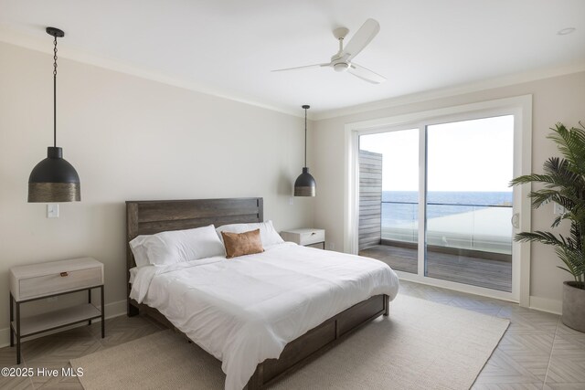 1800 Canal Dr Unit 401, Carolina Beach, NC 28428 - bedroom featuring access to exterior, baseboards, crown molding, and ceiling fan
