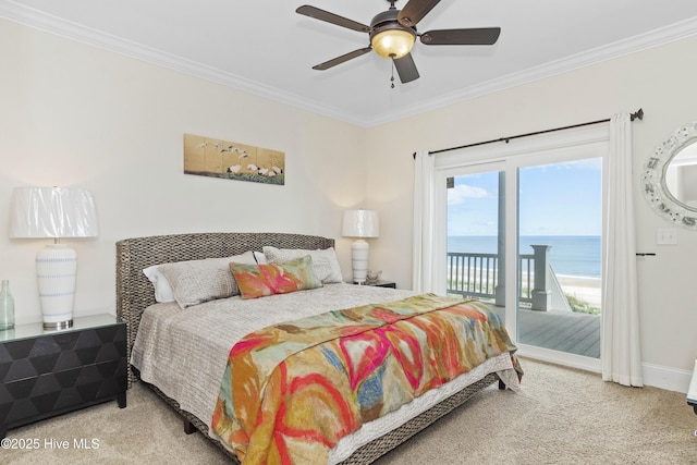 1113 Ocean Dr, Emerald Isle, NC 28594 - bedroom with access to outside, carpet flooring, crown molding, and a water view