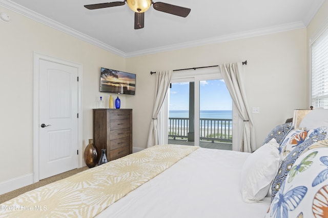 1113 Ocean Dr, Emerald Isle, NC 28594 - bedroom featuring crown molding, baseboards, access to outside, and a ceiling fan