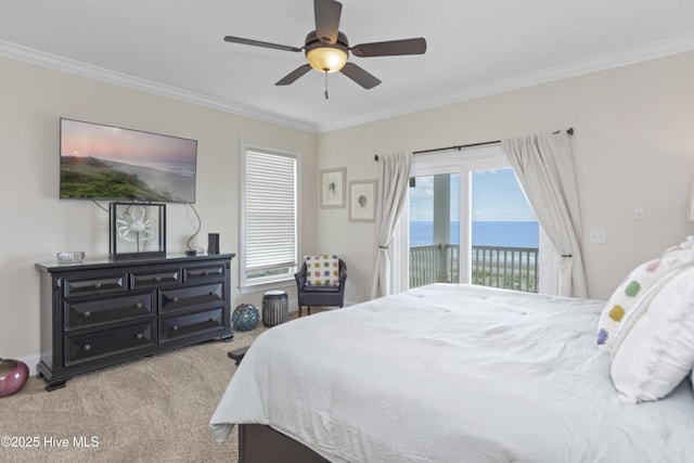 1113 Ocean Dr, Emerald Isle, NC 28594 - bedroom featuring crown molding, carpet floors, access to exterior, a ceiling fan, and a water view