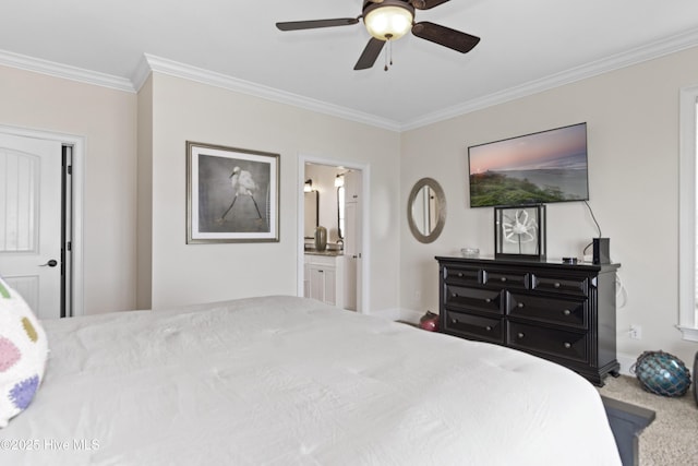 1113 Ocean Dr, Emerald Isle, NC 28594 - bedroom with crown molding, carpet floors, baseboards, a ceiling fan, and ensuite bath