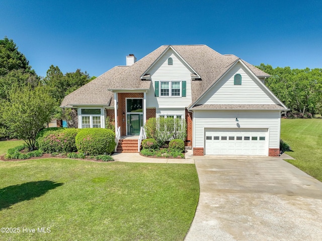 view of front of property with driveway, a chimney, an attached garage, a shingled roof, and a front yard