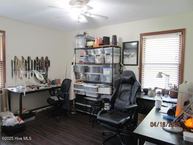home office with a ceiling fan, wood finished floors, and plenty of natural light