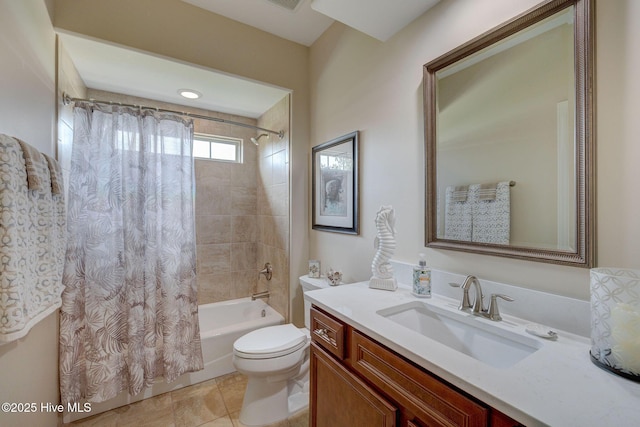 full bath with vanity, shower / bath combination with curtain, toilet, tile patterned flooring, and visible vents