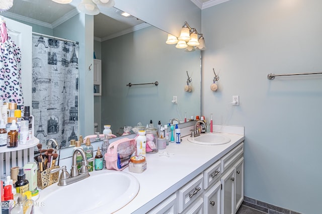 full bathroom featuring crown molding, double vanity, a shower with shower curtain, and a sink
