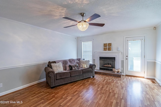 living room with a ceiling fan, a textured ceiling, a healthy amount of sunlight, and wood finished floors