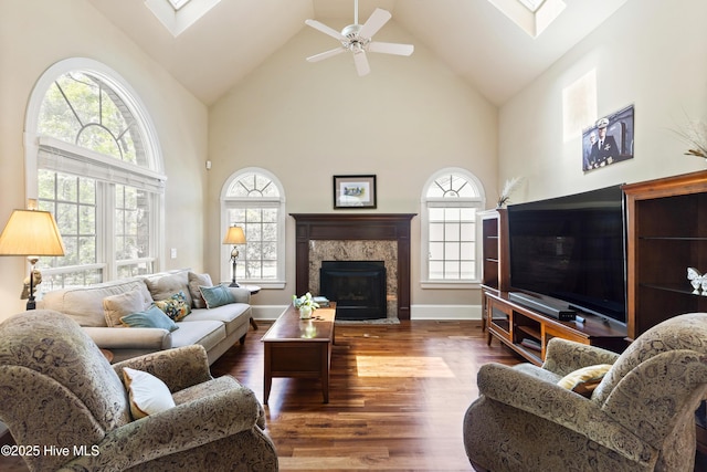 1626 Amberwood Dr SE, Bolivia, NC 28422 - living area featuring high vaulted ceiling, a fireplace, wood finished floors, and a skylight