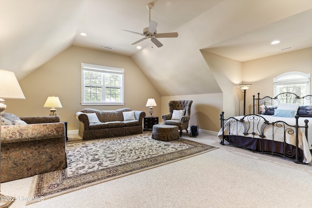 1626 Amberwood Dr SE, Bolivia, NC 28422 - carpeted bedroom featuring recessed lighting, vaulted ceiling, baseboards, and ceiling fan